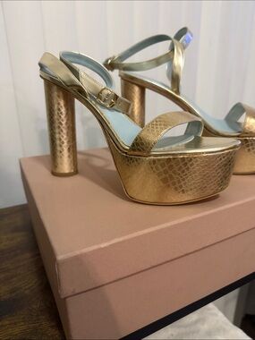 Aera Bianca Gold Python Platform Block Heel Sandal Ankle Strap Heels Luxury
